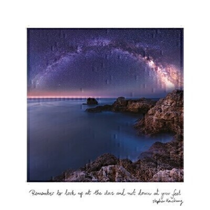 This blank greetings card called Starry Sky features the stars above the Black Sea with the inspirational message Remember To Look Up At The Stars And Not Down At Your Feet written on the front.  This card is perfect to send to someone for any occasion and has been left blank inside so you can write your own message. It comes complete with an envelope and is a lovely card from the Art Group which features a quote from Stephen Hawkins.